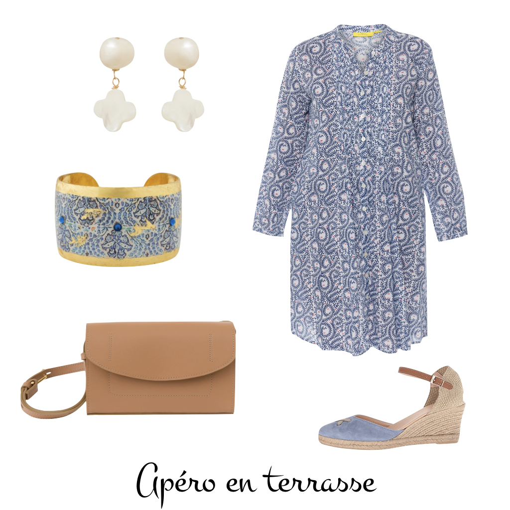 Summer ensemble with blue and white dress from Halsbrook. Details at une femme d'un certain age.