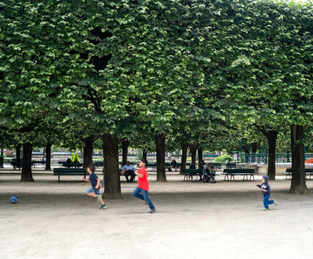 Children chasing a ball in park behind Notre Dame in Paris. Details at une femme d'un certain age.