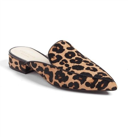 leopard print calf hair mules with a low heel and pointy toe. Details at une femme d'un certain age.