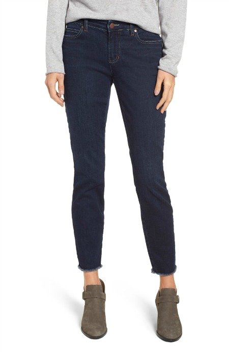 Eileen Fisher raw-edge ankle jeans in dark wash from Nordstrom Anniversary Sale. Details at une femme d'un certain age.