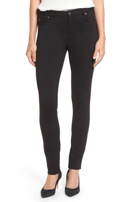 Black skinny ponte knit pants with 5-pocket styling. Details at une femme d'un certain age.