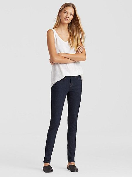 A staple in my fall denim wardrobe: Eileen Fisher skinny jeans in Indigo. Details at une femme d'un certain age.