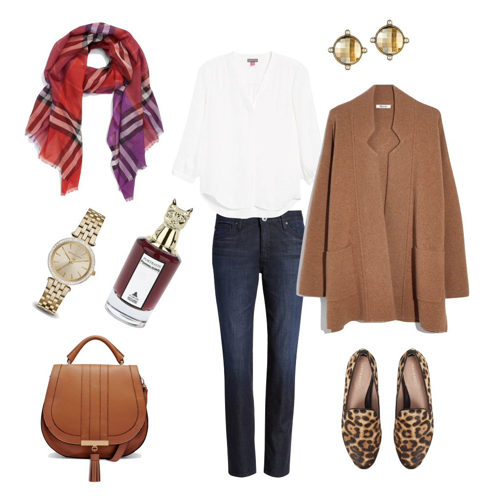 Fall outfit with a Burberry scarf, jeans and leopard loafers. Details at une femme d'un certain age.