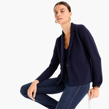 J.Crew cropped sweater jacket in navy. Details at une femme d'un certain age.