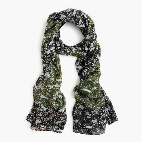 Printed olive scarf with leopard and floral motif. Details at une femme d'un certain age.