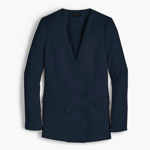 J.Crew collarless French Girl jacket in navy. Details at une femme d'un certain age.