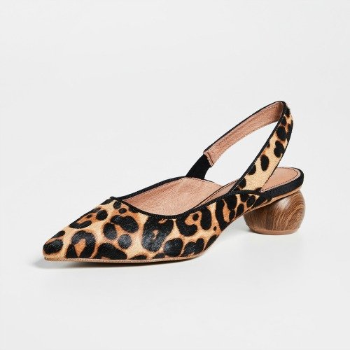 Matiko leopard print slingback shoe with round wooden heel. Details at une femme d'un certain age.