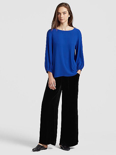 Royal blue silk top and navy velvet pants from Eileen Fisher. Details at une femme d'un certain age.