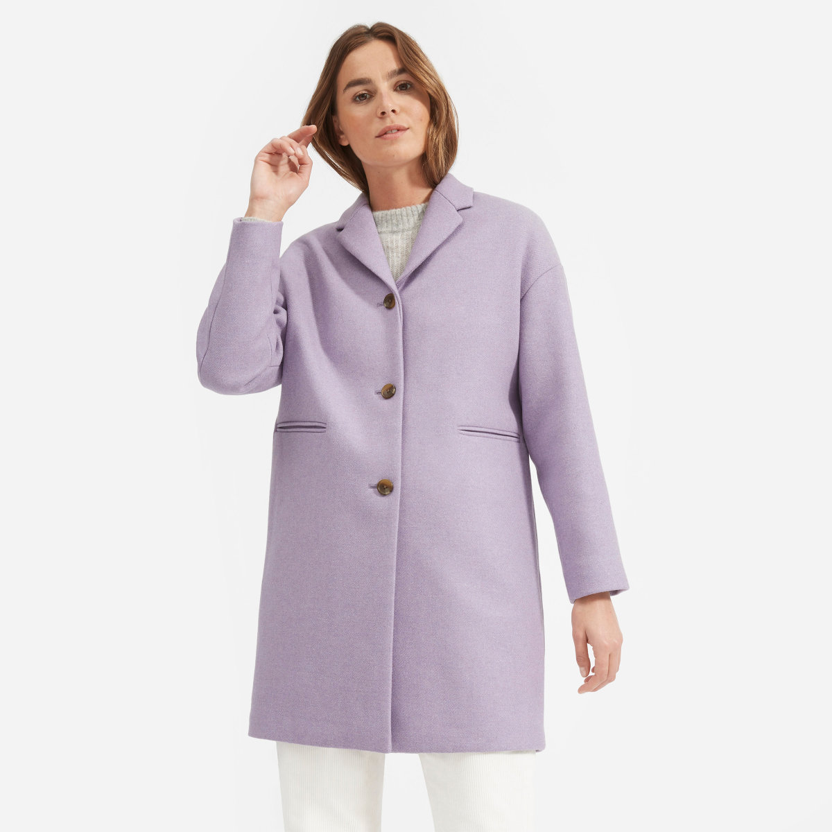 Everlane wool blend cocoon coat in lavender. Details at une femme d'un certain age.