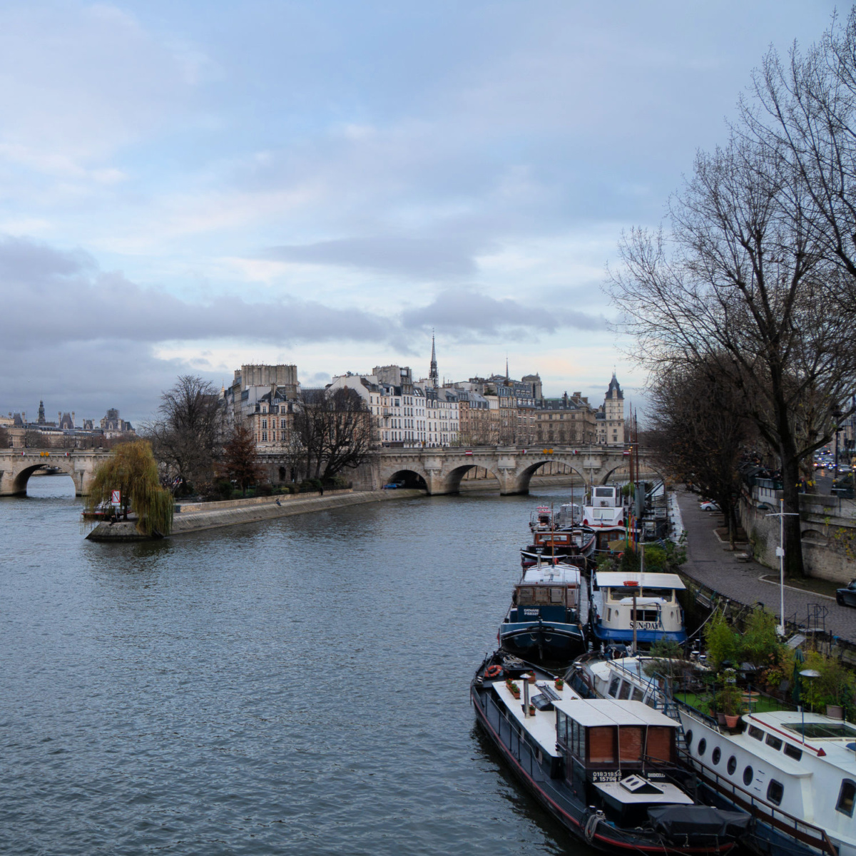 Paris: looking toward Ile de la Cité from Pont des Arts, with barges along riverbank. Details at une femme d'un certain age.