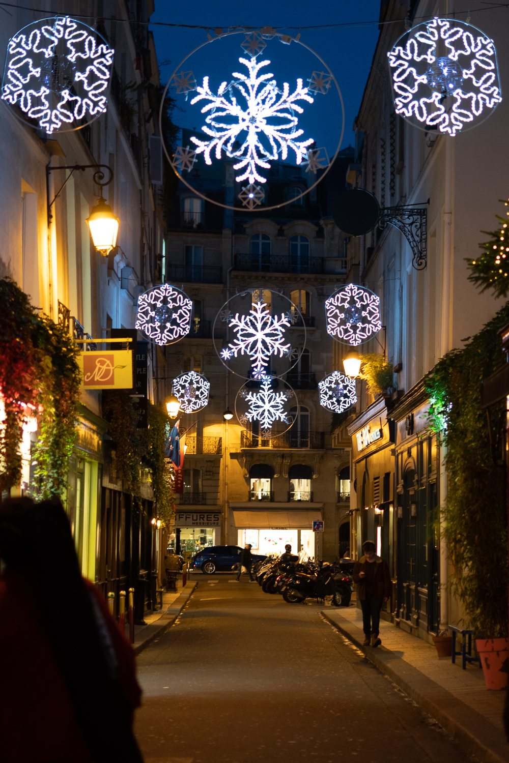 Christmas lights on rue des Canettes, Paris. More at une femme d'un certain age.