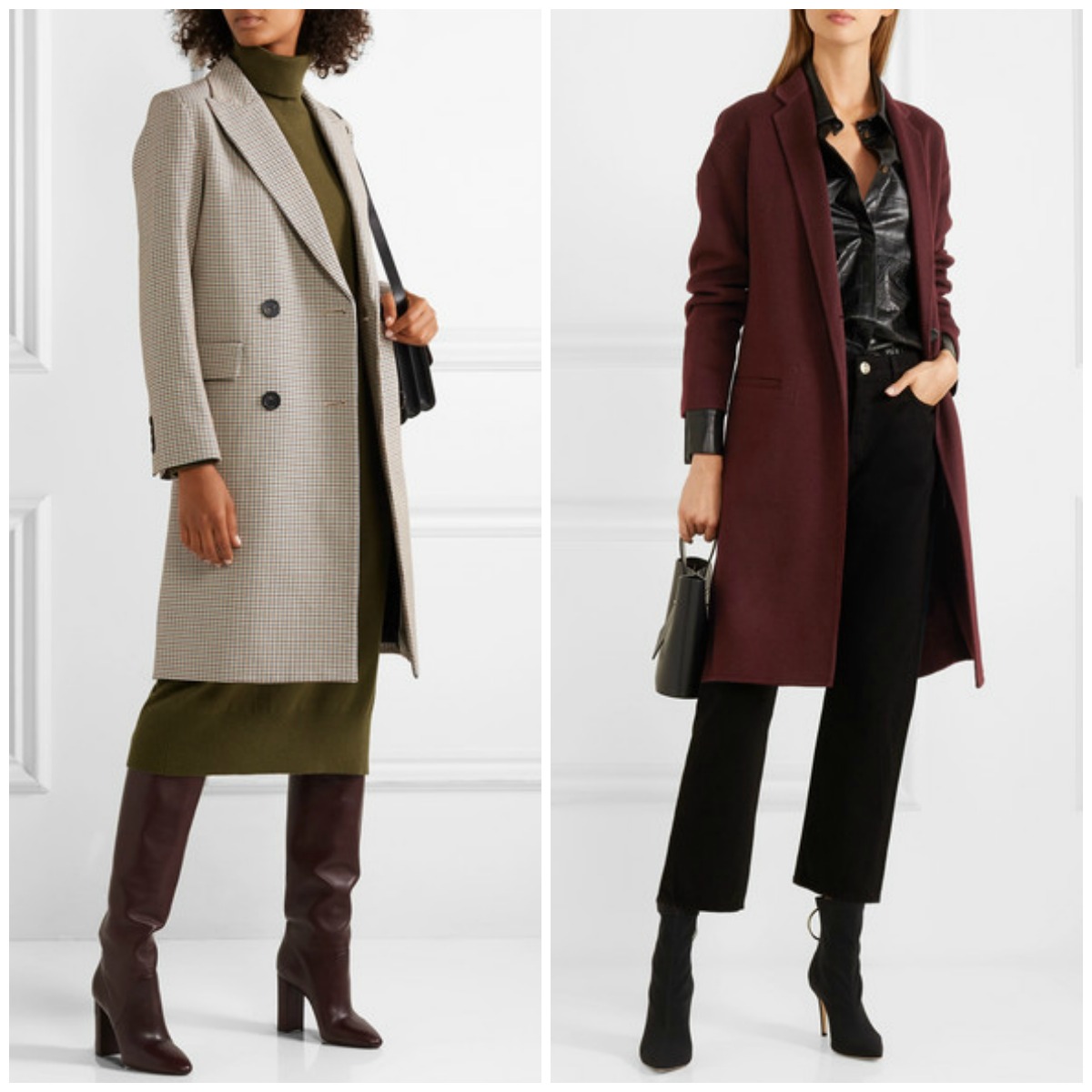 Theory houndstooth and Vince burgundy wool coats on sale. Details at une femme d'un certain age.