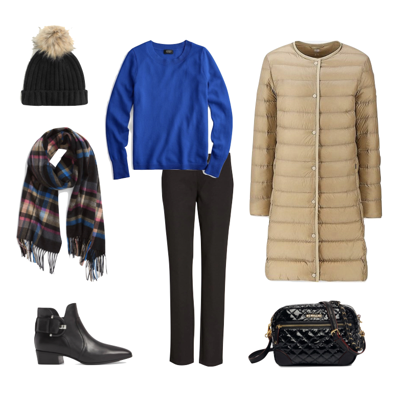 Winter travel outfit using pieces from 12-piece travel wardrobe. Details at une femme d'un certain age.