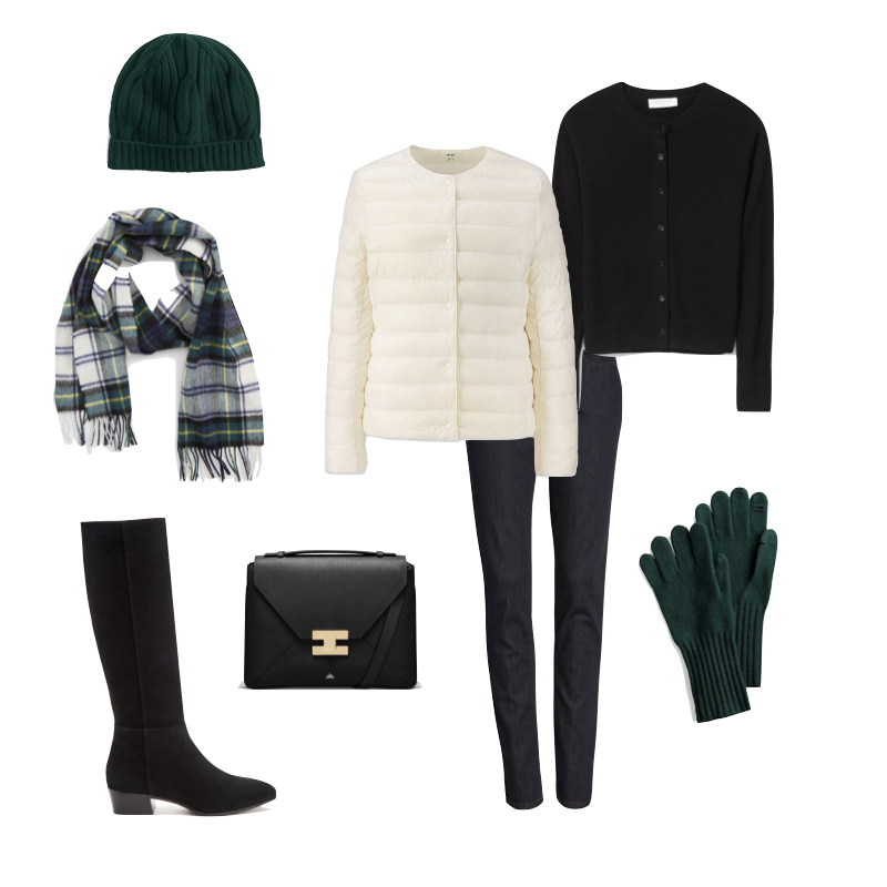 Winter travel outfit in black, white and forest green. Details at une femme d'un certain age.