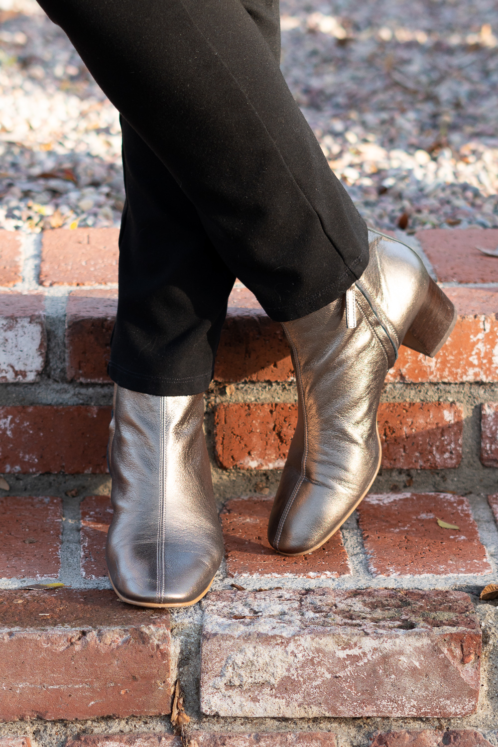 Details: Everlane Day Boots, metallic ankle boots. More at une femme d'un certain age.