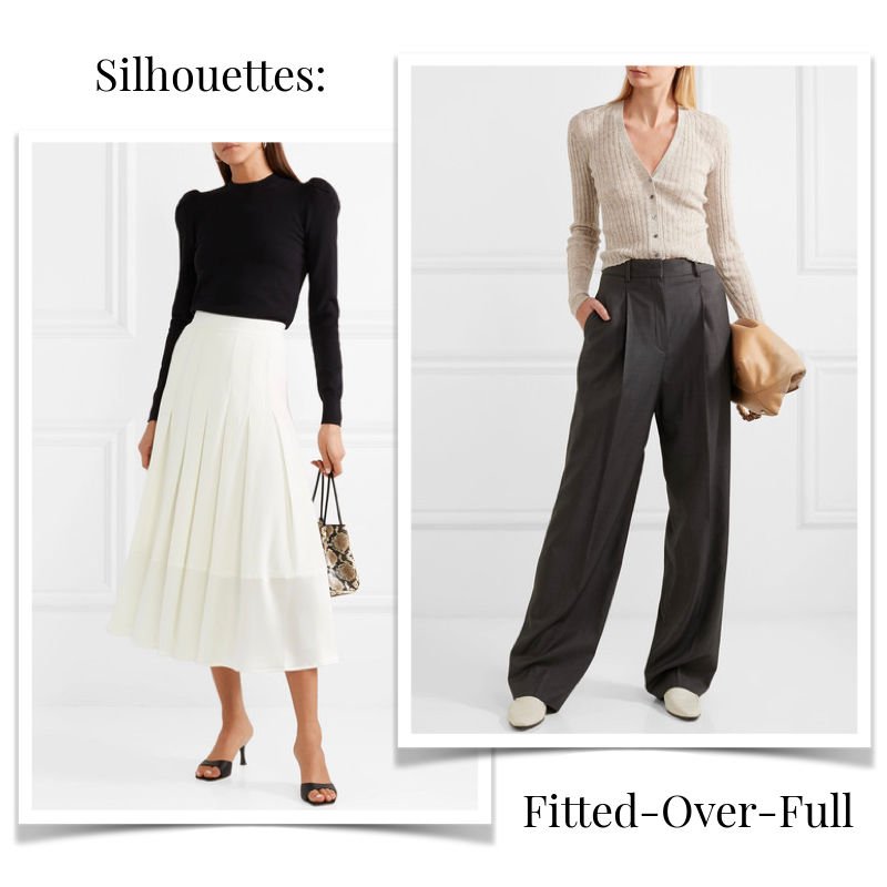 Examples of fitted-over-full silhouettes with skirt and trousers outfits. More about building a cohesive wardrobe using silhouettes at une femme d'un certain age.