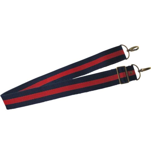 Adjustable webbed bag strap in red and navy. Details at une femme d'un certain age.