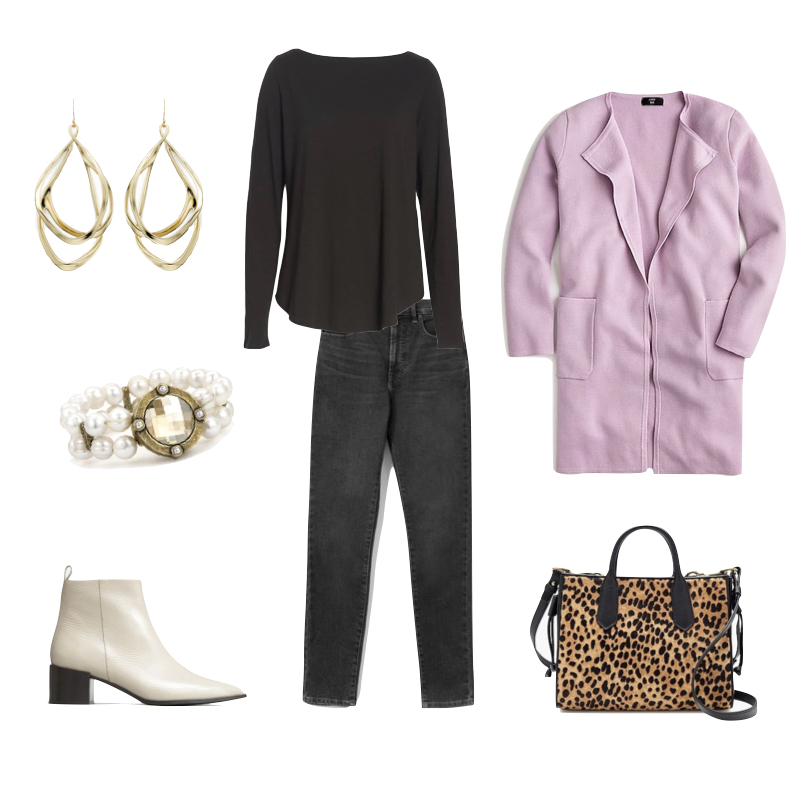 Wardrobe basics are the key to stress-free style. Here's a sleek and simple outfit with black jeans and tee, light orchid cardigan, leopard print bag and white boots. Details at une femme d'un certain age.