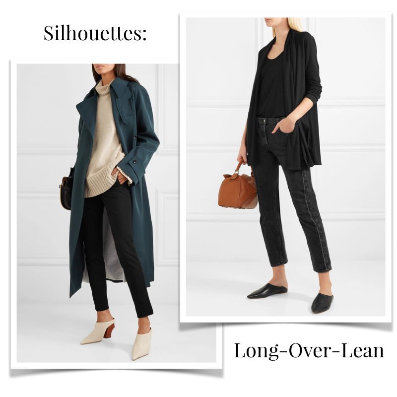 Examples of a long-over-lean silhouette. More about building a cohesive wardrobe using silhouettes at une femme d'un certain age.