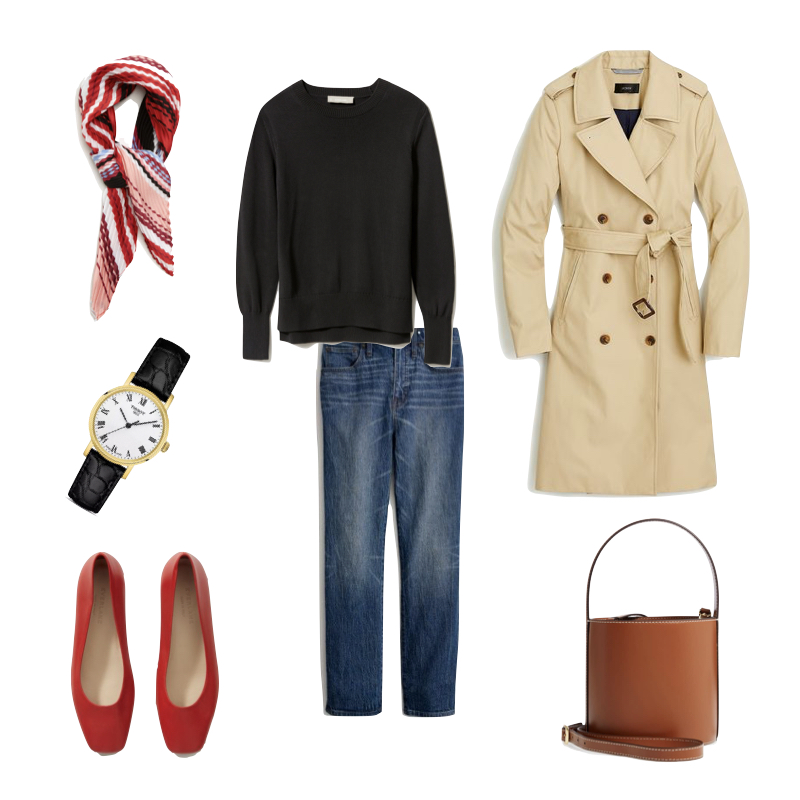 A 90's-inspired look with red square-toe flats, a classic trench and bucket bag. Details at une femme d'un certain age.