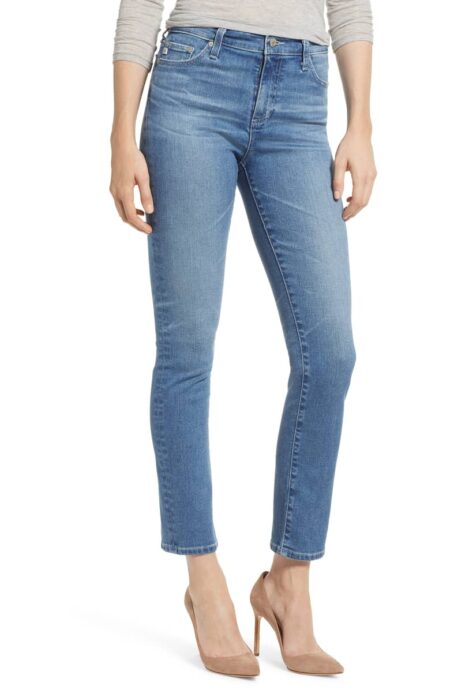 AG Jeans Mari high rise slim straight leg jeans. Details at une femme d'un certain age.