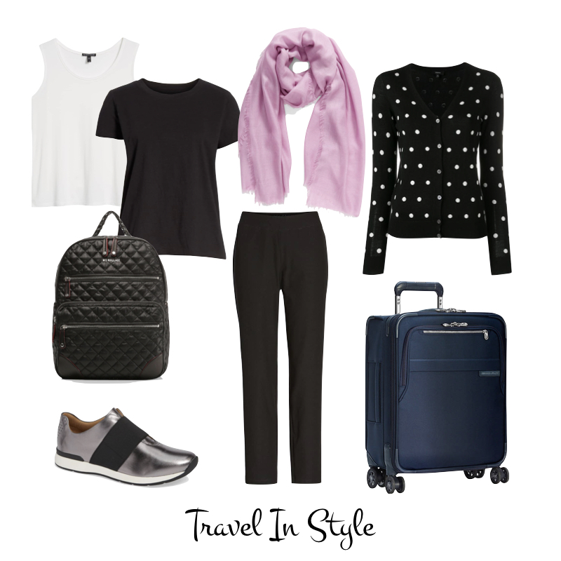 Travel outfit: what to wear for travel days. Great airport style doesn't mean sacrificing comfort. Details and more travel tips at une femme d'un certain age.