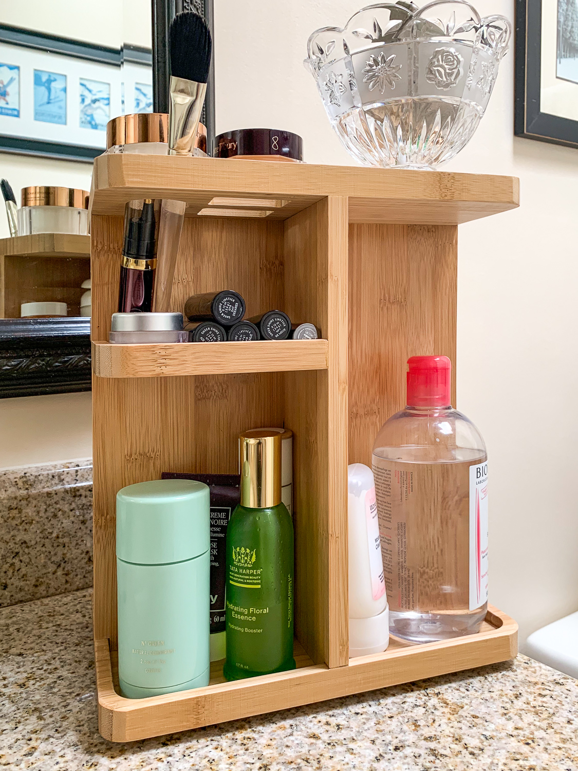 Bamboo skincare and cosmetics organizer. Details at une femme d'un certain age.