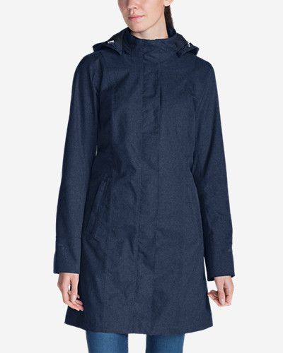 Eddie Bauer Girl On The Go Trench in navy. More travel-friendly raincoats at une femme d'un certain age.