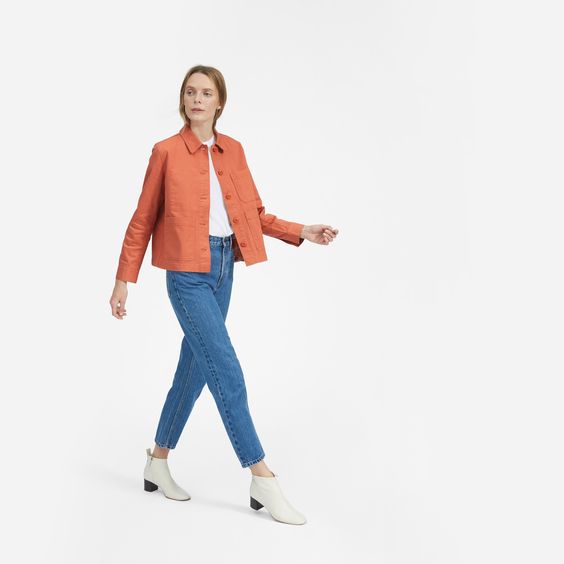 Everlane Chore Jacket in Spanish Clay. Details at une femme d'un certain age.