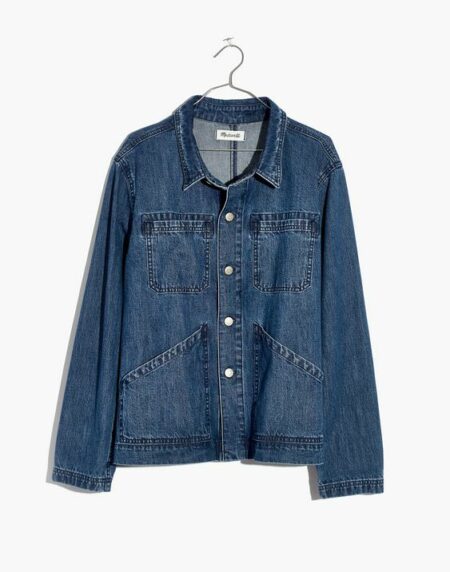 Madewell denim chore jacket with patch pockets. Details at une femme d'un certain age.