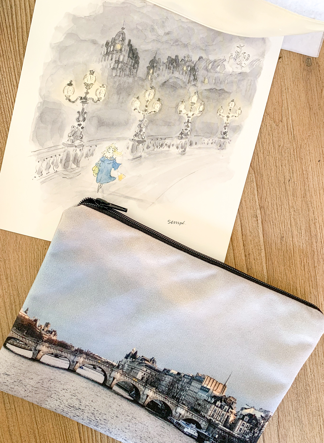 Included in My Stylish French Box, a charming print and pouch both with images of Paris. Details at une femme d'un certain age.