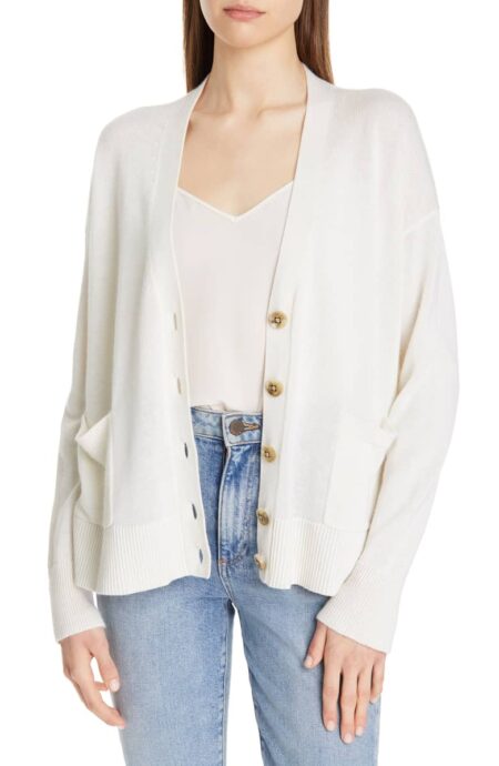 Cashmere/linen blend cardigan with button front and patch pockets. Details at une femme d'un certain age.