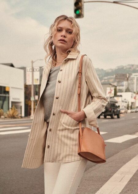 Striped chore jacket from Sezane. Details at une femme d'un certain age.