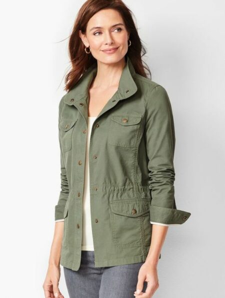 Talbots utility jacket in Sage green. Details at une femme d'un certain age.