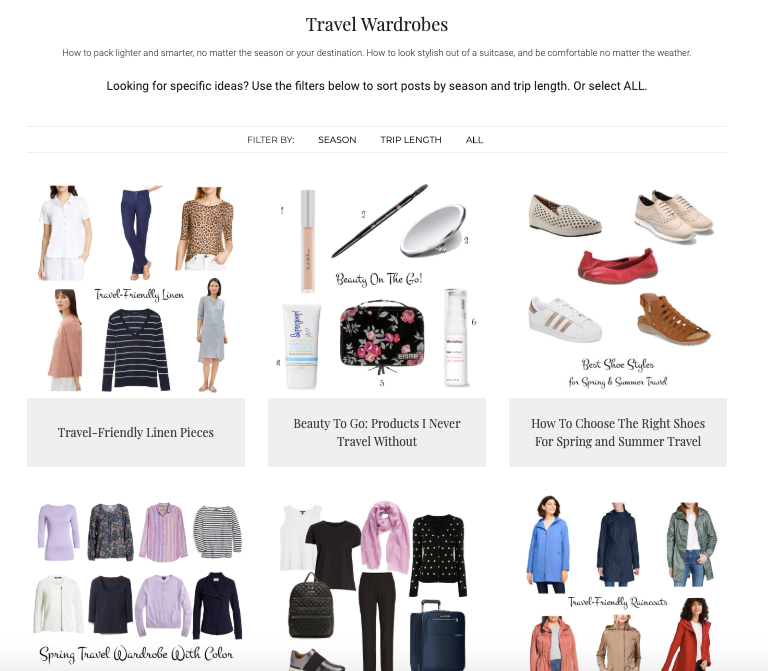 Travel Wardrobes from une femme d'un certain age. Search by season and trip length for travel wardrobe ideas!