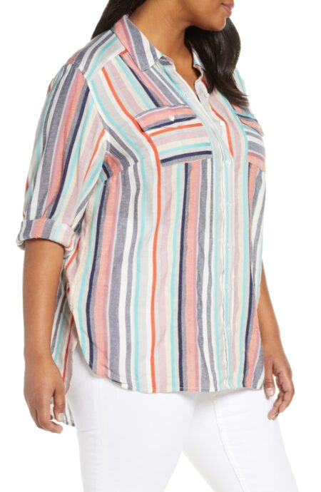 Lightweight tops with sleeves! A plus size cotton blend shirt in colorful stripes. Details at une femme d'un certain age.