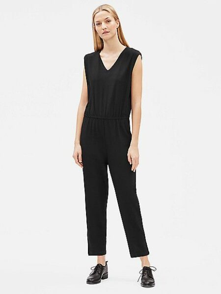 Eileen Fisher stretch crepe jumpsuit in black. Details at une femme d'un certain age.