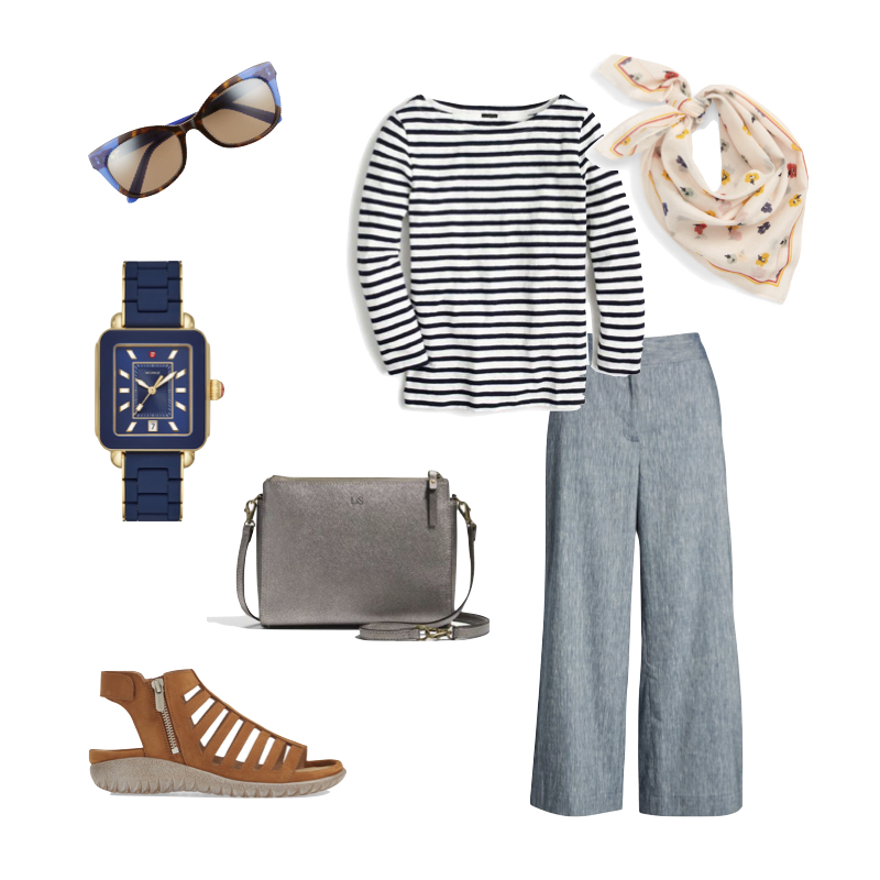 Summer travel outfit using pieces from 12-piece wardrobe capsule. Details at une femme d'un certain age.