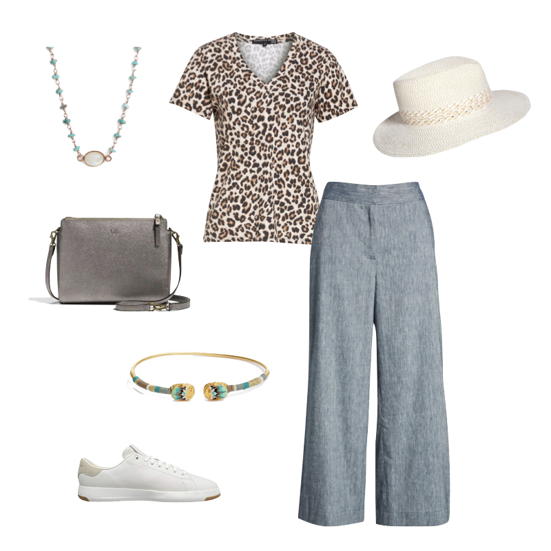 Summer travel outfit with leopard tee and chambray linen pants. Details at une femme d'un certain age.