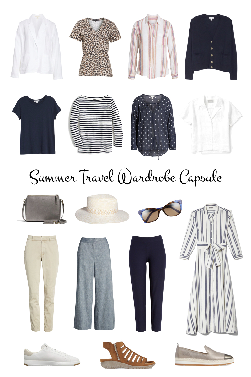 12-piece Summer travel wardrobe capsule based on navy. Details at une femme d'un certain age.