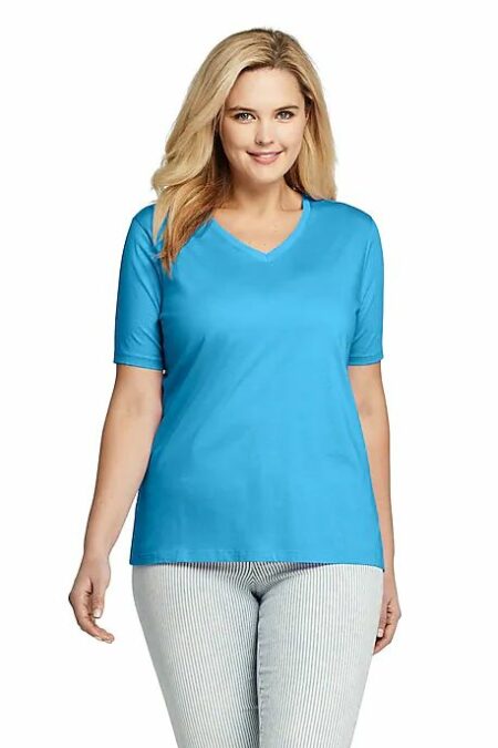 Lands' End cotton v-neck elbow-sleeve tee in aqua. Details at une femme d'un certain age.