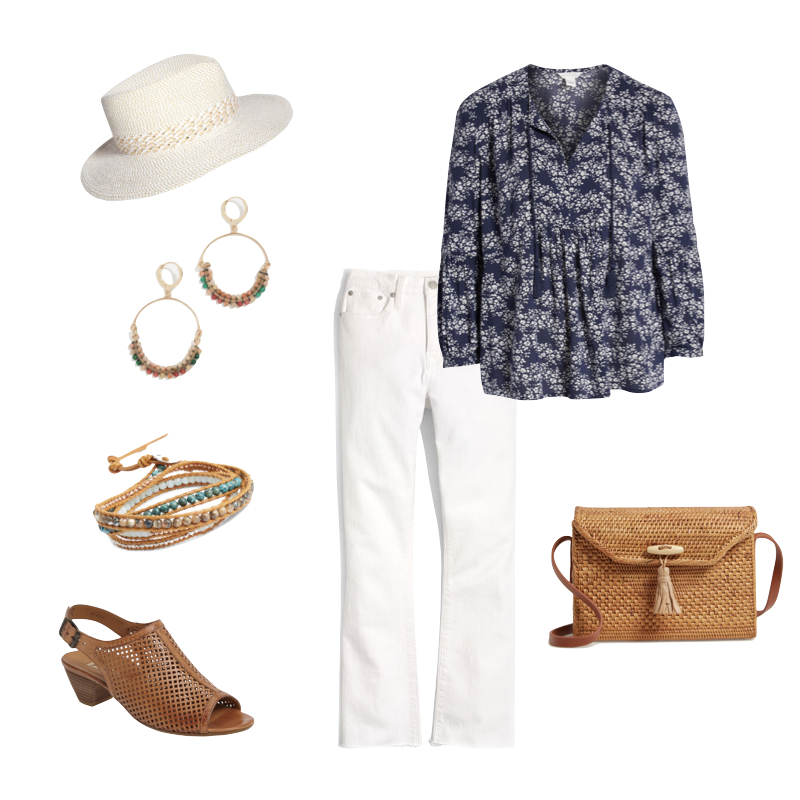 Lightweight tops with sleeves! A summer outfit with a floral print top, white jeans, fedora, slingback sandals and rattan bag. Details at une femme d'un certain age.