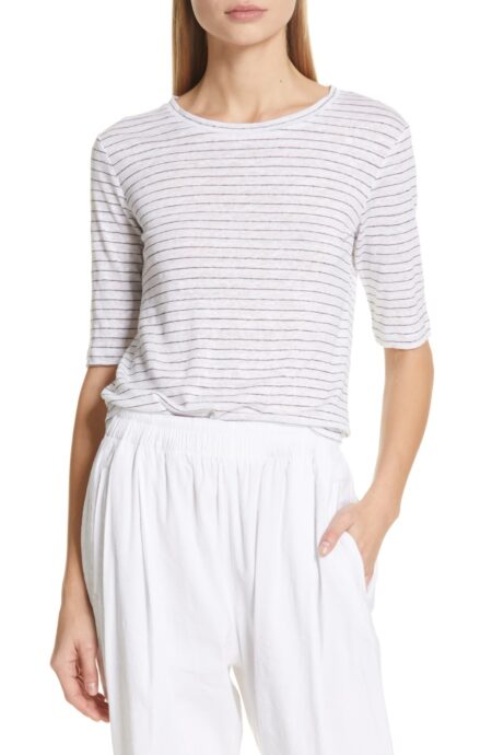 Vince striped linen tee with elbow sleeves. Details at une femme d'un certain age.