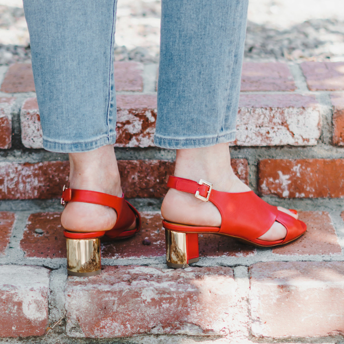 Back view of Clergerie Adrienne sandals. Love those gold heels! Details at une femme d'un certain age.