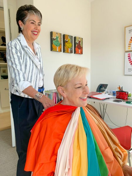 Manina Weldon of Red Leopard drapes Susan B. for a color analysis. Details at une femme d'un certain age.