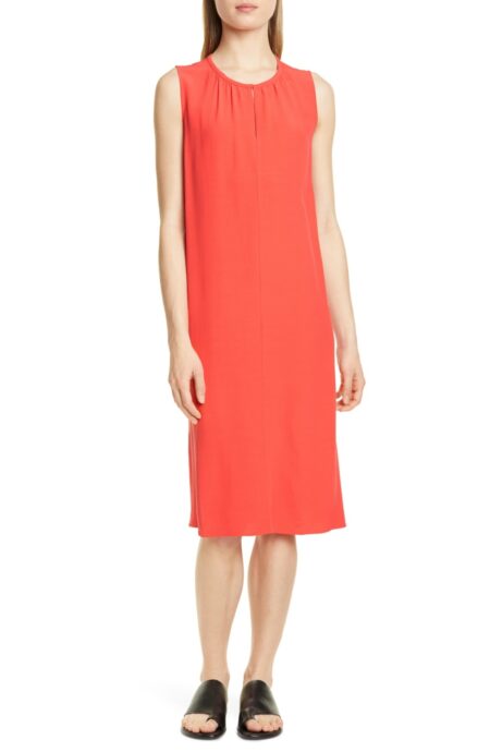 Eileen Fisher sleeveless shift dress in coral. Details at une femme d'un certain age.