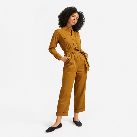 Everlane modern utility jumpsuit in Brass. Details at une femme d'un certain age.