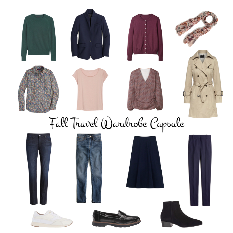 A navy-based fall travel wardrobe capsule with dark green and burgundy accent colors. Details at une femme d'un certain age.