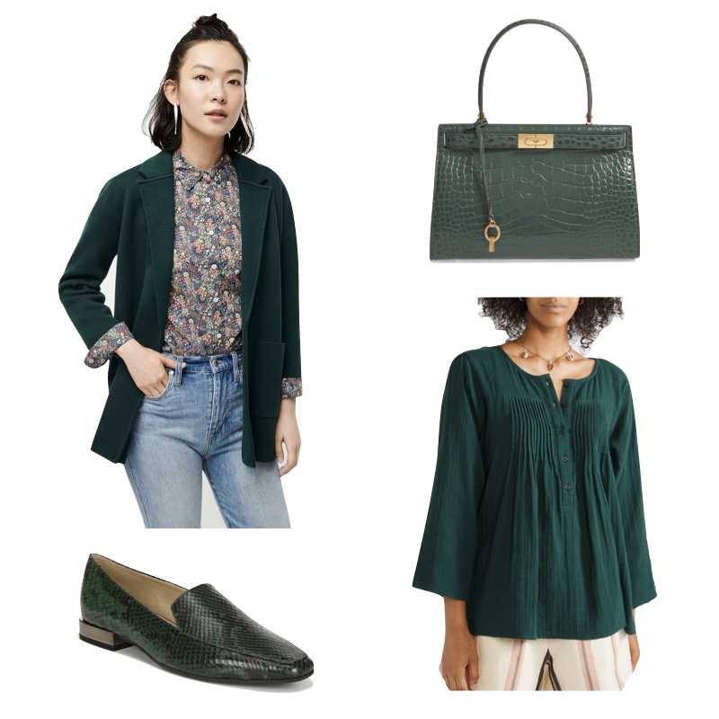 Fall fashions and accessories in forest greens. Details at une femme d'un certain age