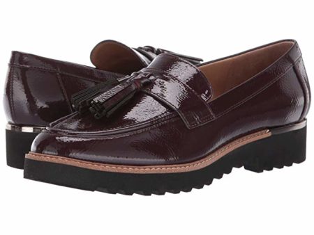 Franco Sarto Carolynn burgundy patent loafers with lug sole. Details at une femme d'un certain age.
